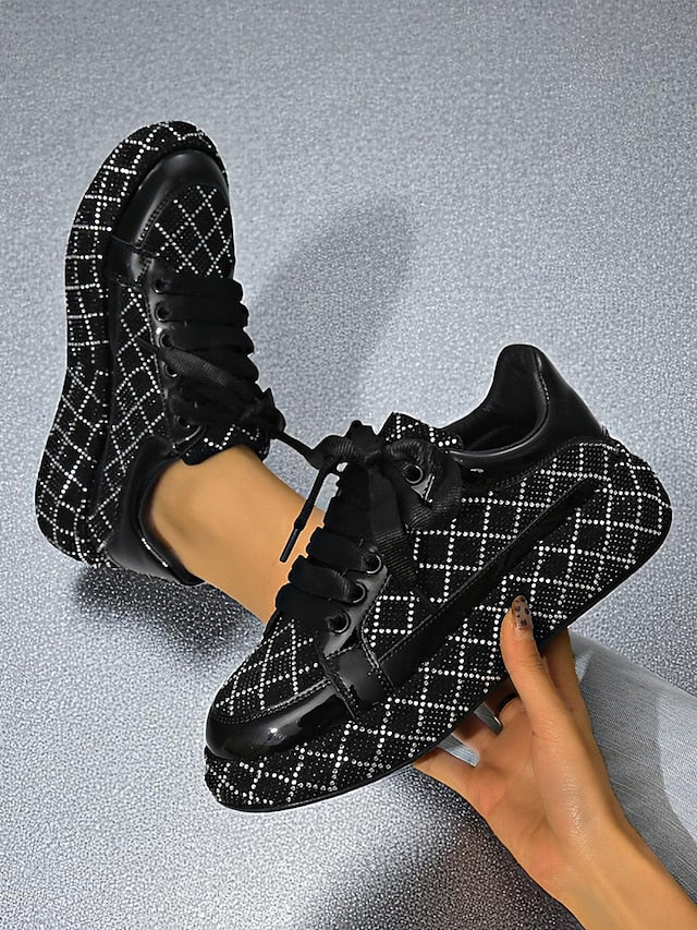 Quilted and Rhinestone Black Sneakers - Women's Silver