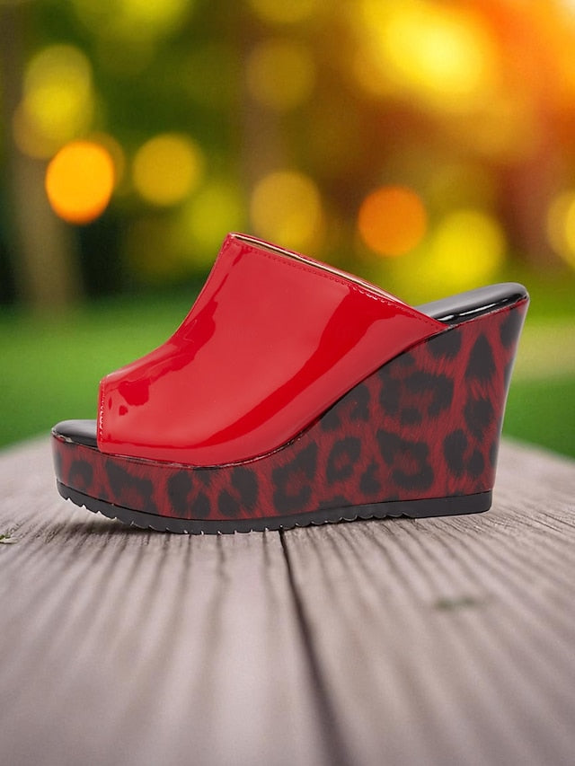 Toe Patent Women's Wedge Leather Red - Leopard Peep Sandals