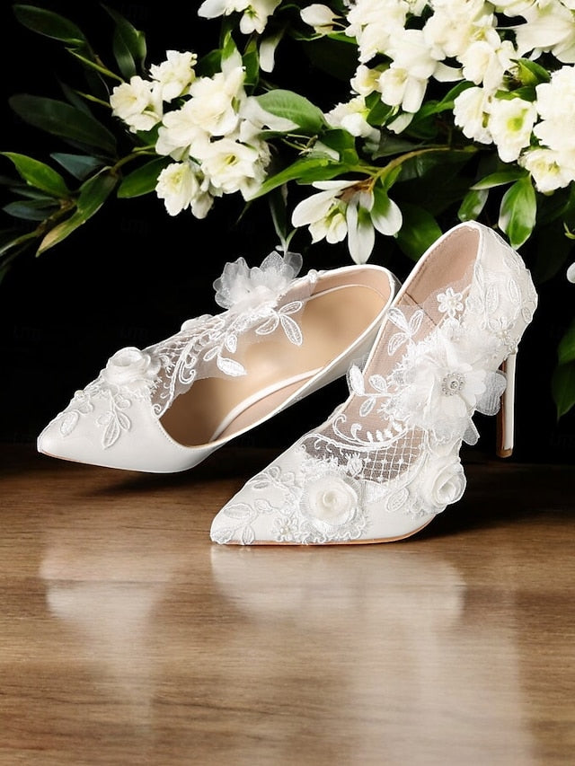 Wedding Shoes White Lace Embellishments with Floral