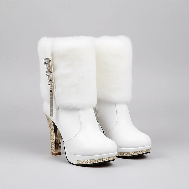 - Heels Rhinestone Fur Boots Faux Women's White with Ankle