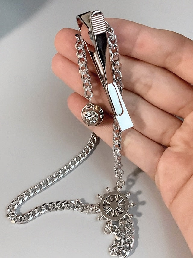 Nautical Ship Design with Silver – Wheel Men's Chain Tie