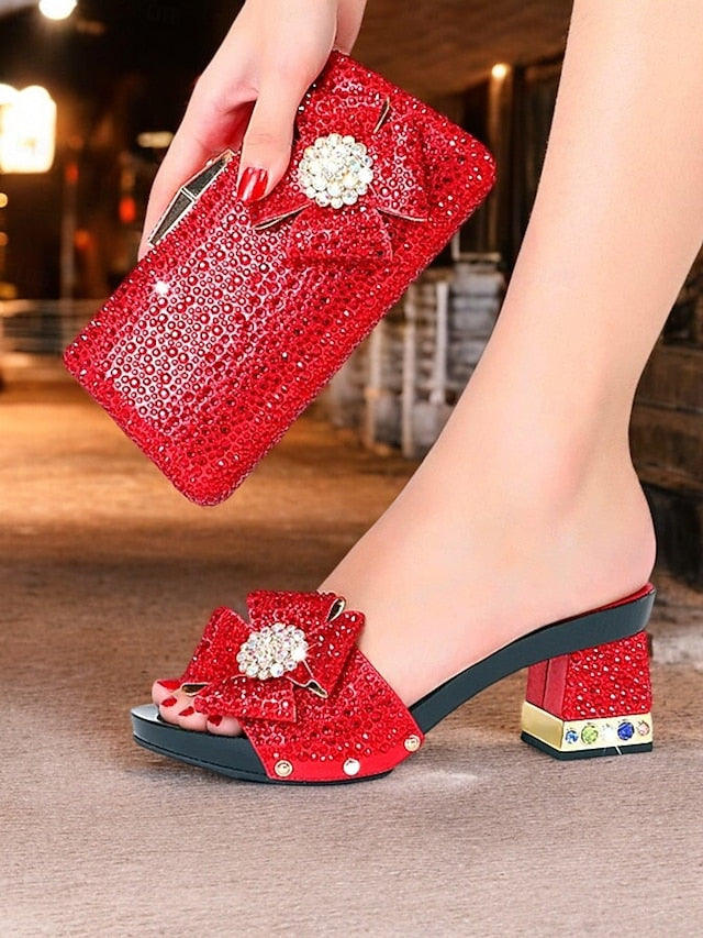 Heel High Clutch with Sandals Matching Bow Sparkling Rhinestone