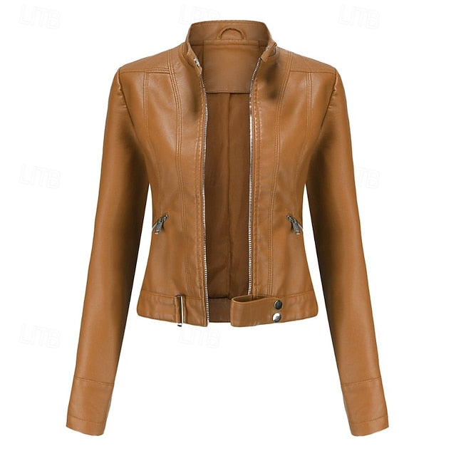 Faux Comfortable Pocket Women's Leather Jacket Zipper
