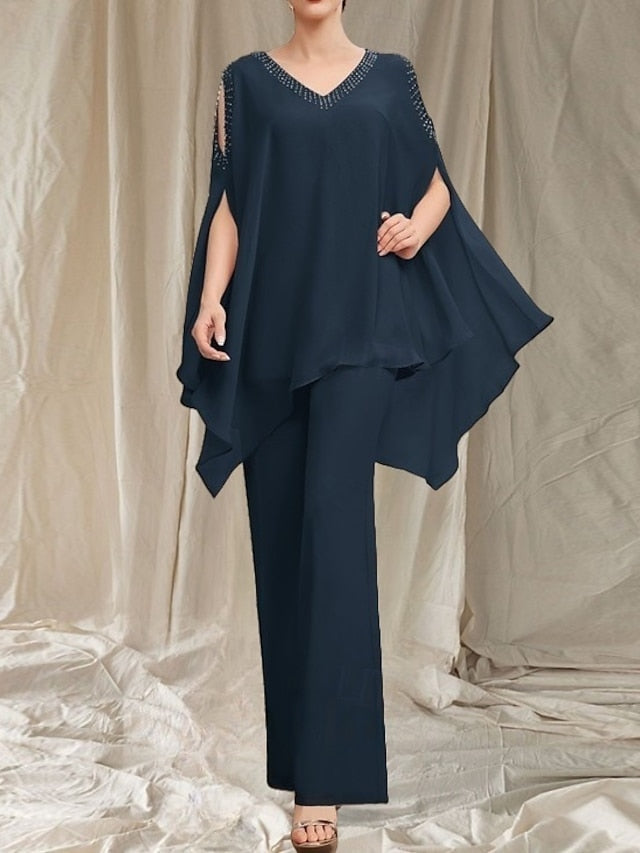 Elegant Dress the Pantsuit V Mother of Guest Bride Wedding Neck