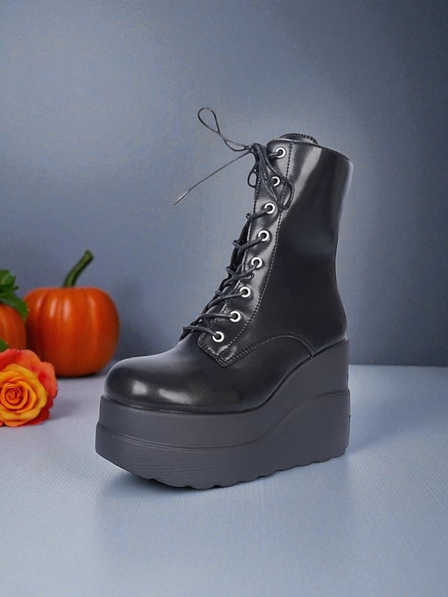 Bold Women's and Black - Platform Boots Lace-Up Ankle Red