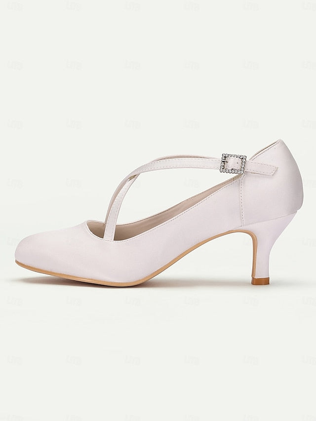with Rhinestone White – Elegant Satin Buckle Cross-Strap Heels