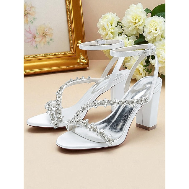 - Rhinestone Heel Block Sandals Women's Straps White with