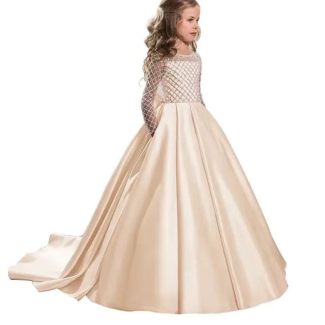 Color Girls' Party Long Girl Solid Kids Flower Dress