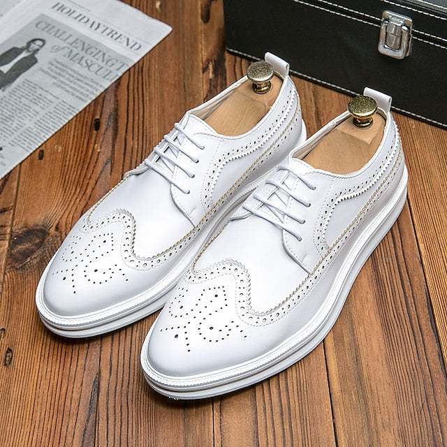 Brogue Stylish Derby Men's Shoes White Lace-Up - Leather