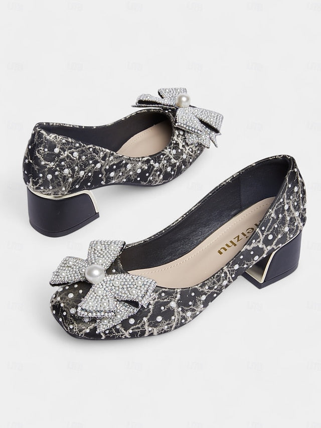 and Detail Gold Pumps with Black Bow Pearl-Embellished –