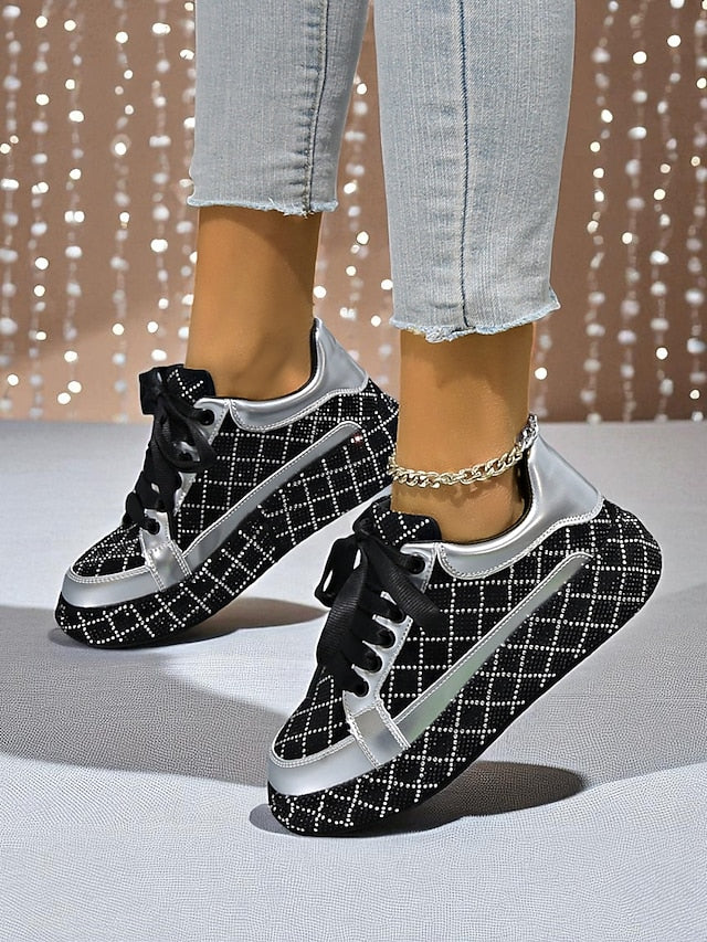 Quilted and Rhinestone Black Sneakers - Women's Silver