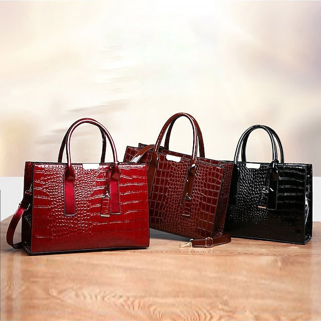 Women's Black Patent Crocodile Leather Pattern Handbag with