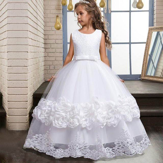 A Girls' Plain Kids Little Line Floral Dress Party