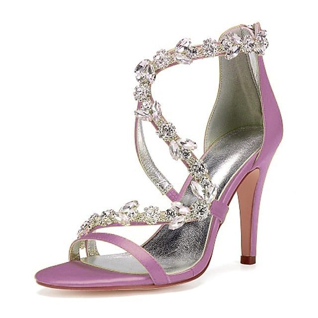 Floral Pink Sandals with High Heel Rhinestone Women's Satin