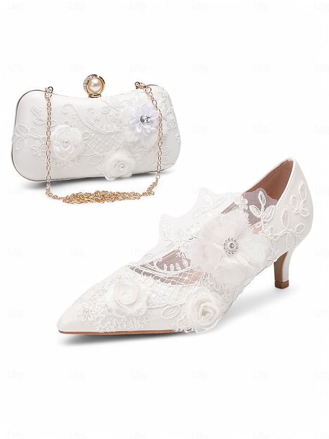Wedding Shoes White Lace Embellishments with Floral