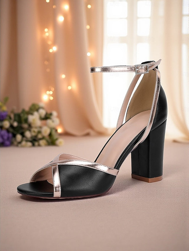 Heel Sandals Women's Metallic White Strap Block with Ankle