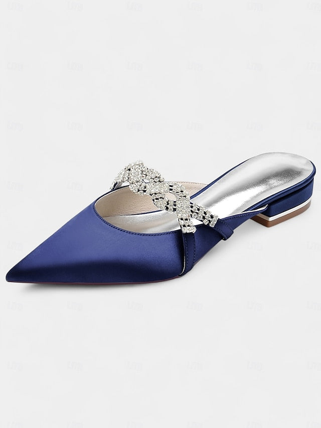 with Pointed-Toe Blue Detailing Mule Rhinestone - Satin Heels