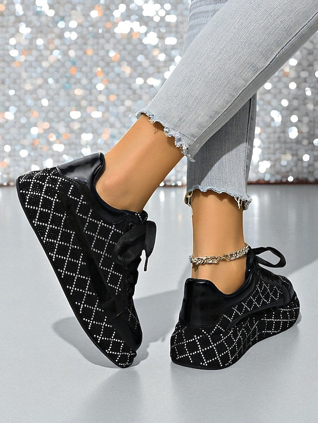 Quilted and Rhinestone Black Sneakers - Women's Silver