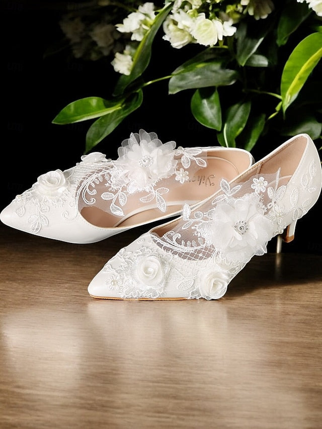 Wedding Shoes White Lace Embellishments with Floral
