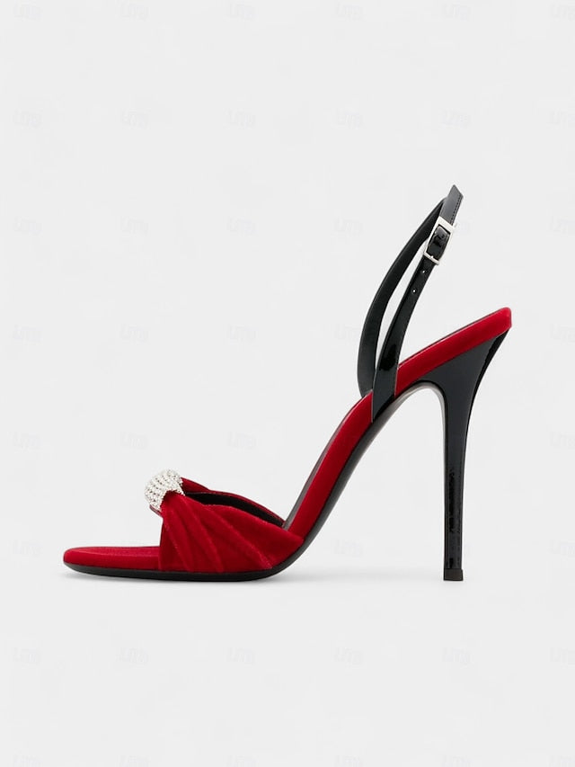 Velvet Accent Red Stiletto Bold with – Heels Rhinestone