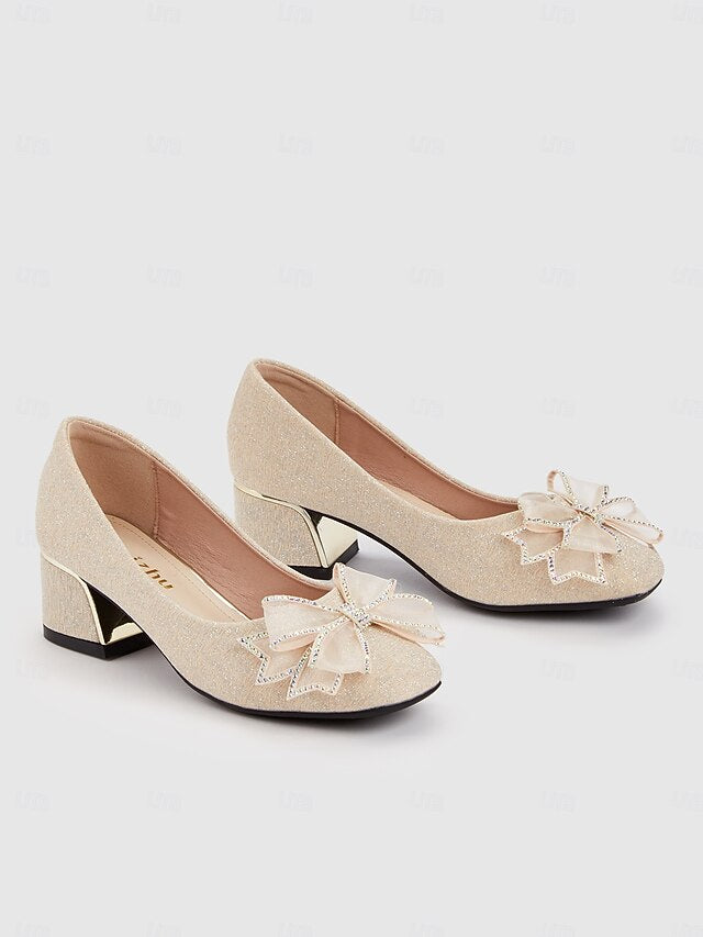 with Heel Pumps Bow - Gold Block Decoration Women's Glitter