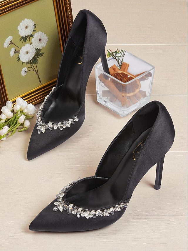 with Crystal Embellishment Toe Pointed Heels Satin Women's