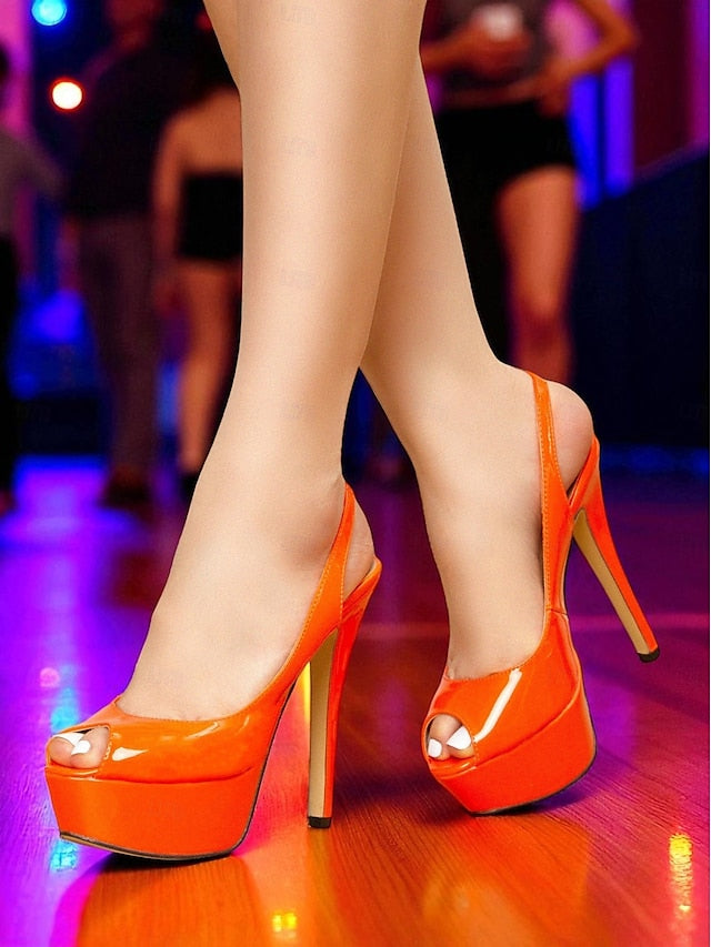 Orange Patent Women's PU Platform Leather Stiletto Heels