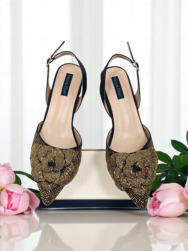 Gold Matching Rhinestone with Pumps Slingback Women's
