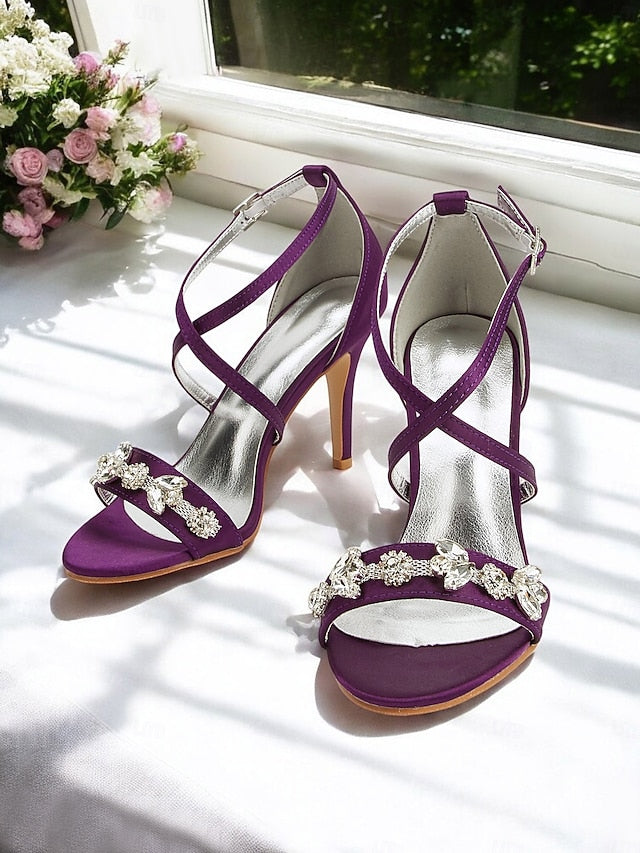 Stiletto Heels Straps with Purple Satin Women's Rhinestone