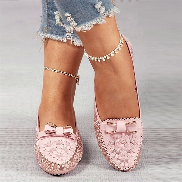 Pink Bow Women's Flats Floral Details Lace with - and