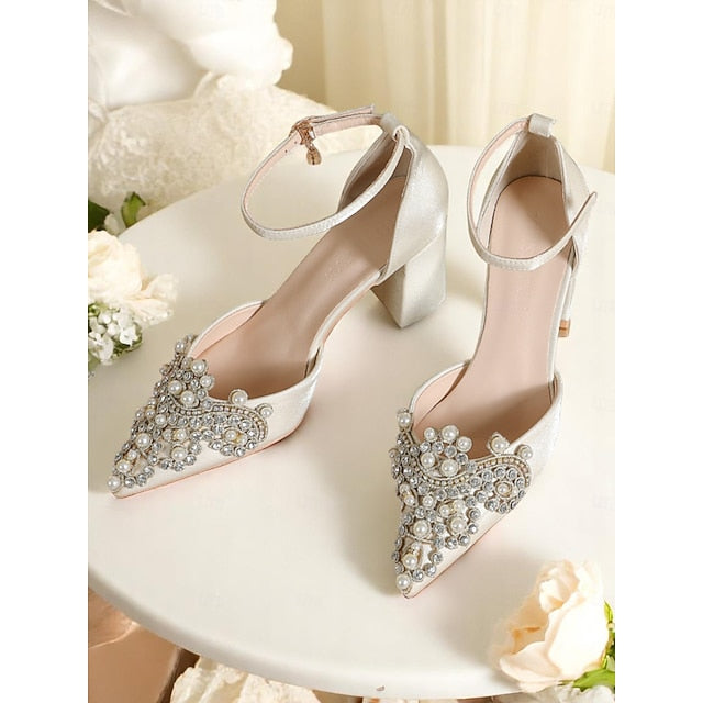 Pearl Embellished Wedding Women's and Rhinestone Block Heel