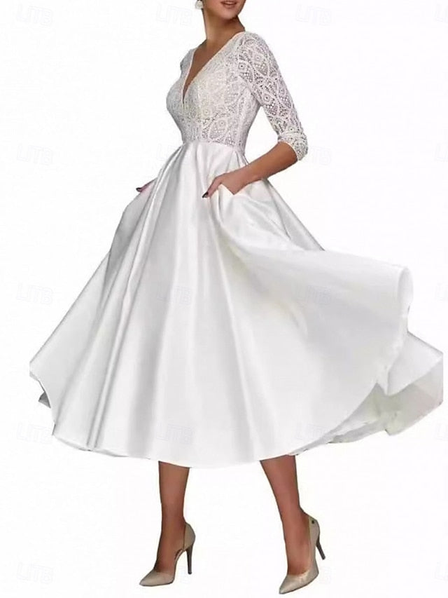 A-Line Tea Mother Elegant the Bride Neck V Dress of Simple