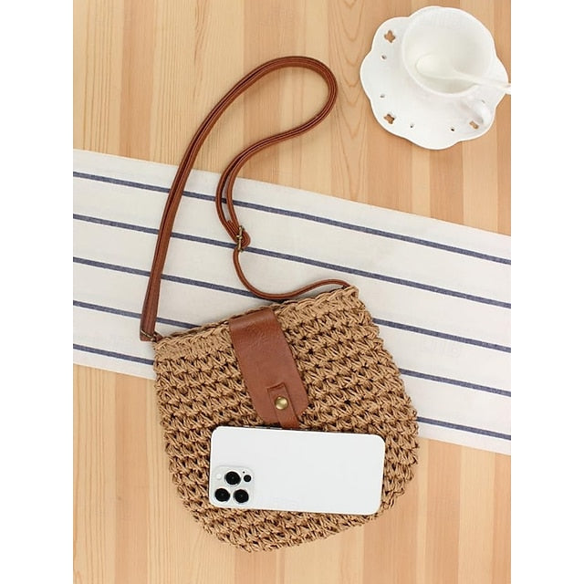 - Crossbody Women’s Chic Strap with Woven Straw Bag Leather