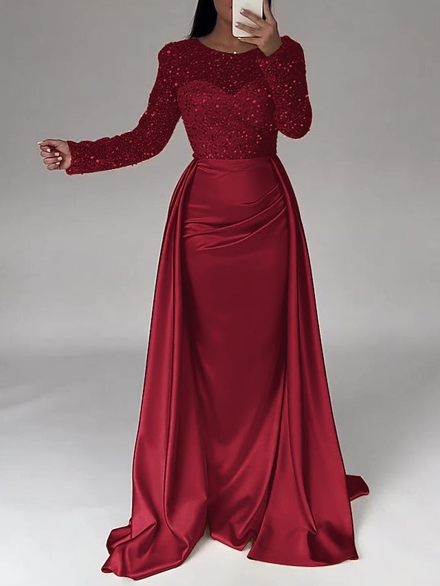 Evening Long Dress Gown Mermaid RuchedSatin Sleeves Sequin