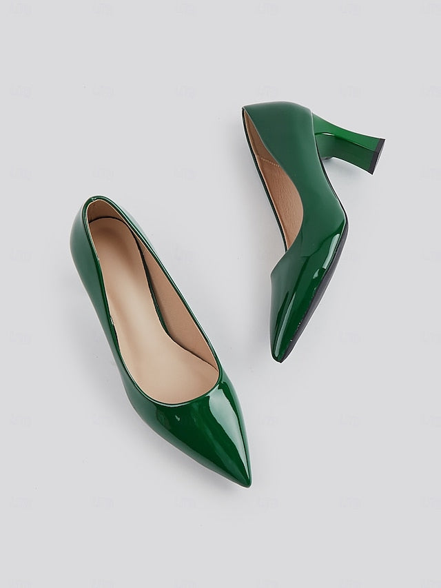 Pumps Patent Faux Pointed-Toe Heel Glossy Leather Green Block