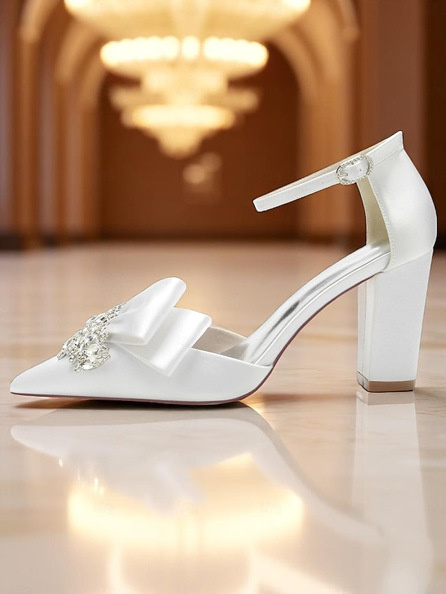 Heel Women's Block Bow Satin Pumps and with Crystal