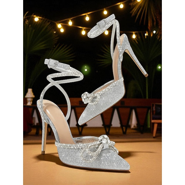 and Heels Rhinestone Bow Stiletto with Satin Women's Black