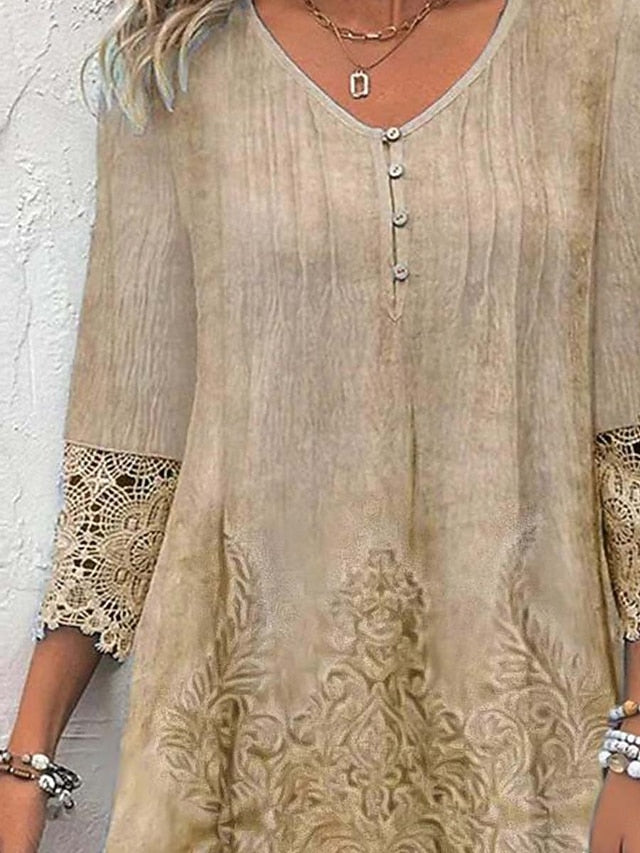 Women's Casual Dress Boho Lace Detail V-neck Three Quarter