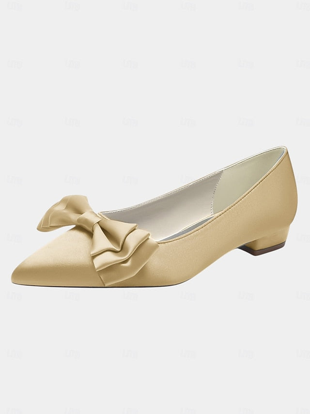 Satin Toe Pointed Green Bow Elegant - Women's Flats