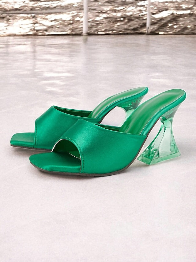 Mules Green with Transparent Satin Block Heels Open-Toe for