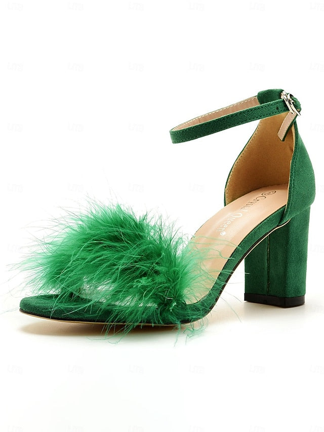 Feather-Embellished – Wedding Heel Block Sandals Women for