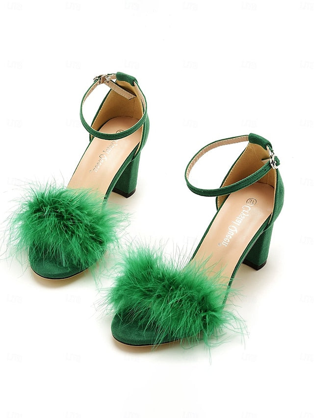 Feather-Embellished – Wedding Heel Block Sandals Women for