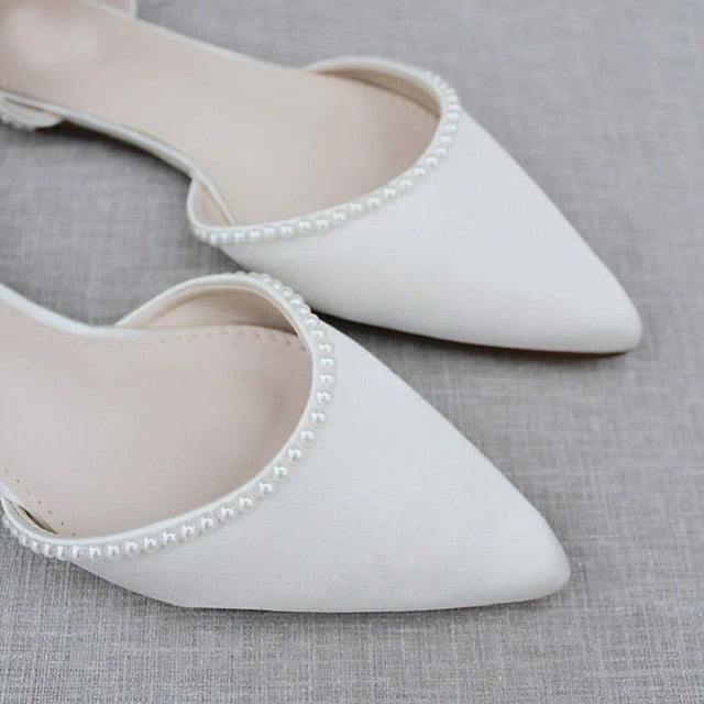 Pointed Toe White Shoes Pearl-Embellished Flat Women's with