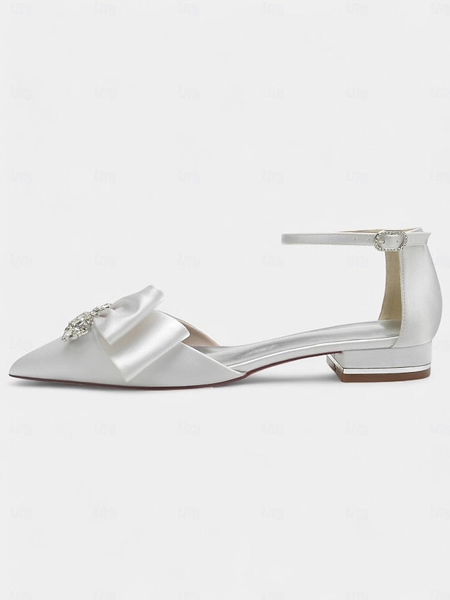 Bow with Pointed-Toe Rhinestone Ankle White Heels Satin and