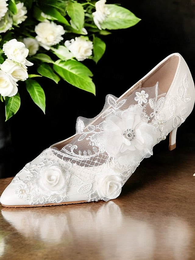 Wedding Shoes White Lace Embellishments with Floral
