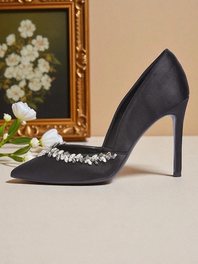 with Crystal Embellishment Toe Pointed Heels Satin Women's