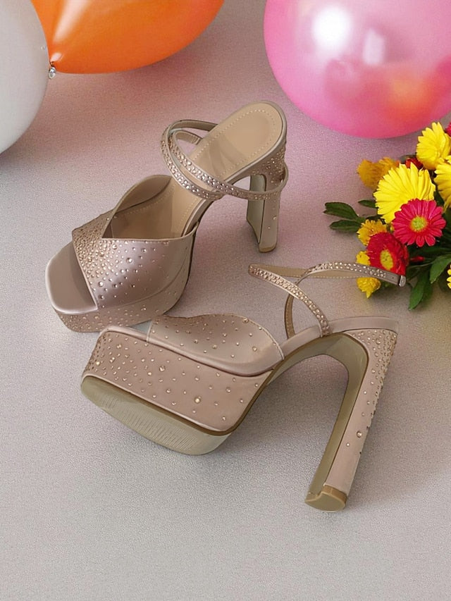 Women's Heel with Toe High Peep Sandals Platform Rhinestone