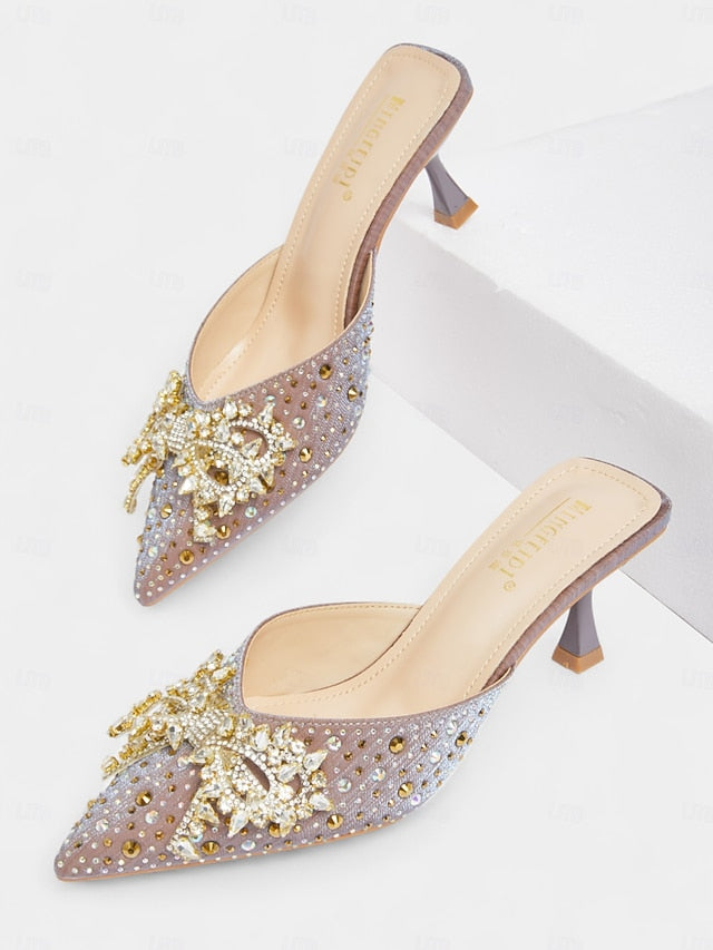 Slip-On Pointed Rhinestone Mules - Glitter Toe Women's