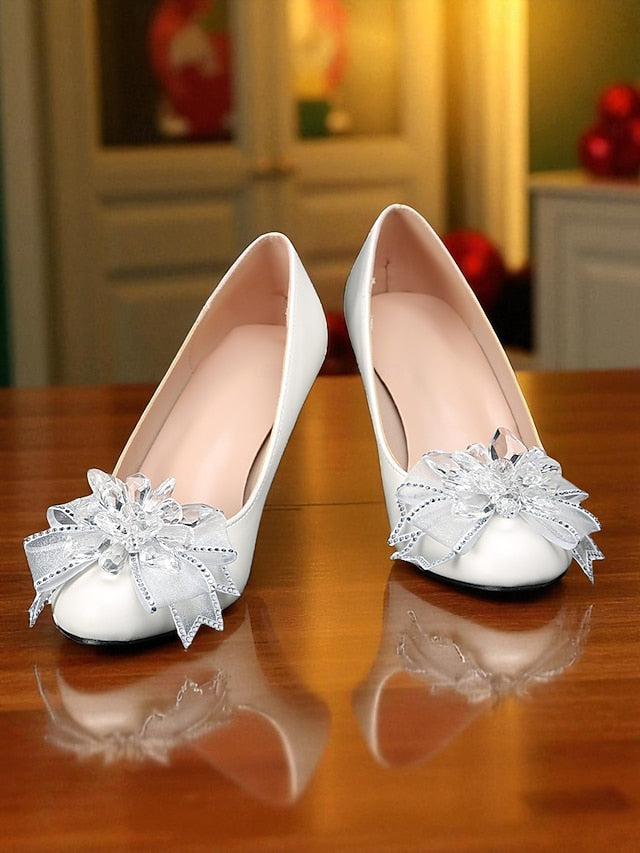 White Shoes Low Women's Wedding with Crystal Bow Heel