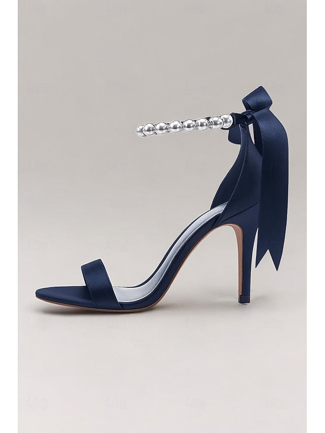Satin Ankle Strap – Heel Navy Sandals Pearl High Women's